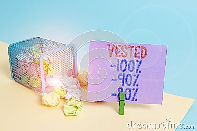 Word writing text Vested 100 Percent 90 Percent 80 Percent. Business concept for Eligible for Retirement Benefit based Stock Photo