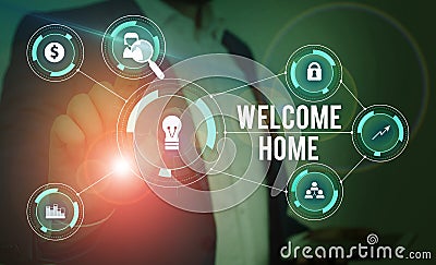 Word writing text Welcome Home. Business concept for Expression Greetings New Owners Domicile Doormat Entry Male human wear formal Stock Photo