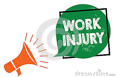 Word writing text Work Injury. Business concept for Accident in job Danger Unsecure conditions Hurt Trauma Megaphone loudspeaker s Stock Photo