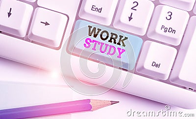 Word writing text Work Study. Business concept for college program that enables students to work parttime White pc Stock Photo