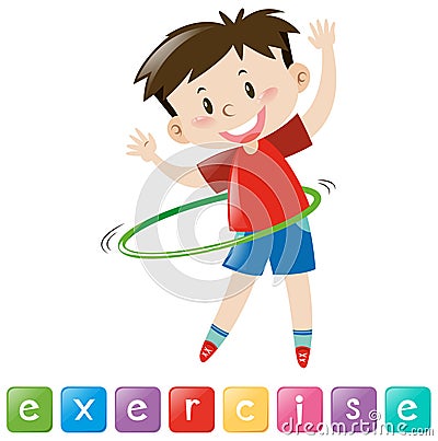 Wordcard for exercise with boy playing hulahoop Cartoon Illustration