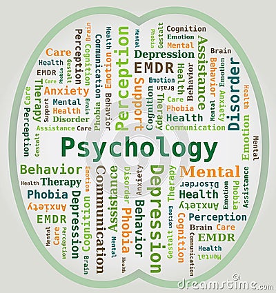 Word Cloud Psychology and Mental Health in Brain Shape Vector Illustration