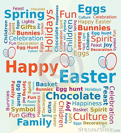 Word Cloud Happy Easter in Blue and Orange Vector Illustration