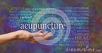 Words associated with the benefits and uses of Acupuncture Stock Photo