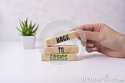 The words back to basics made of letters on wooden blocks. back to basics - fundamental principles concept Stock Photo