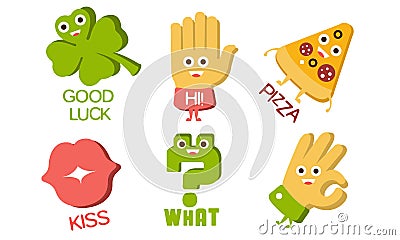 Words and Cute Cartoon Characters with Funny Faces, Good Luck, Hi, Pizza, Kiss, What, Ok, Sign Vector Illustration Vector Illustration