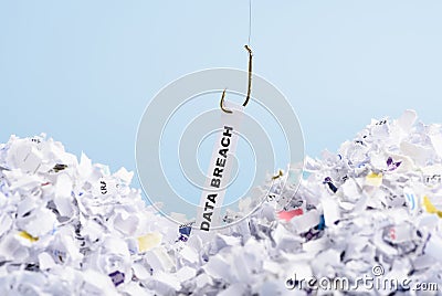 Words Data breach hooked on fishing hook pulled from pile of shredded documents Stock Photo