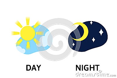 Words day and night flashcard. Opposite adjectives explanation card. Flat vector illustration, isolated on white Vector Illustration