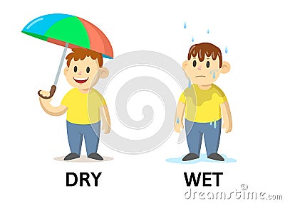 Words dry and wet flashcard with cartoon characters. Opposite adjectives explanation card. Flat vector illustration Vector Illustration