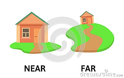 Words far and near textcard with cartoon house. Opposite adverbs explanation card. Flat vector illustration, isolated on Vector Illustration