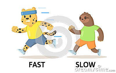 Words fast and slow flashcard with cartoon animal characters. Opposite adjectives explanation card. Flat vector Vector Illustration