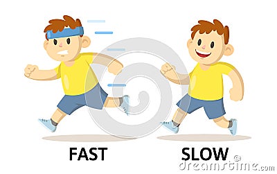 Words fast and slow flashcard with running cartoon boy characters. Opposite adjectives explanation card. Flat vector Vector Illustration