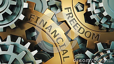 Words Financial Freedom Gold and silver gear weel background illustration. 3d render Cartoon Illustration