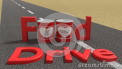 The words food drive on a road with tin cans Cartoon Illustration