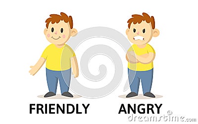 Words friendly and angry flashcard with cartoon boy characters. Opposite adjectives explanation card. Flat vector Vector Illustration