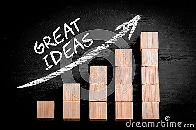 Words Great Ideas on ascending arrow above bar graph Stock Photo