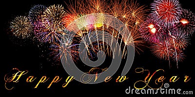 Words Happy New Year written on banner with sparkly fireworks and burning letters on black background Stock Photo