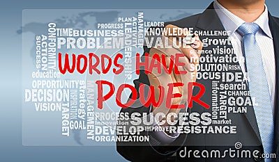 words have power with related word cloud hand drawing by businessman Stock Photo