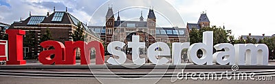 The words `I amsterdam` in front of The Rijksmuseum Netherlands national museum. Editorial Stock Photo