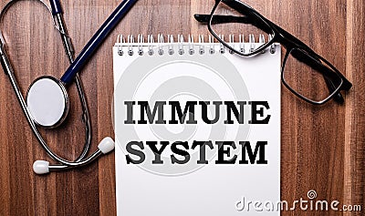 The words IMMUNE SYSTEM is written on white paper on a wooden background near a stethoscope and black-framed glasses. Medical Stock Photo