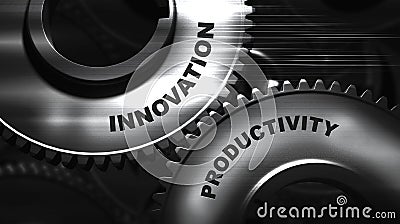 Words Innovation And Productivity On Connected Metal Gears, Black Background Stock Photo