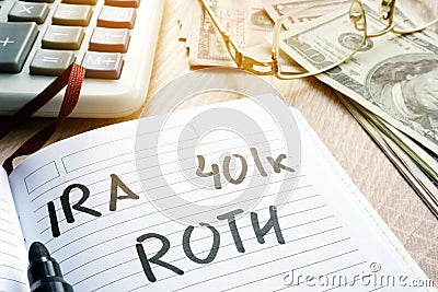 Words IRA 401k ROTH handwritten in a note. Retirement plans. Stock Photo