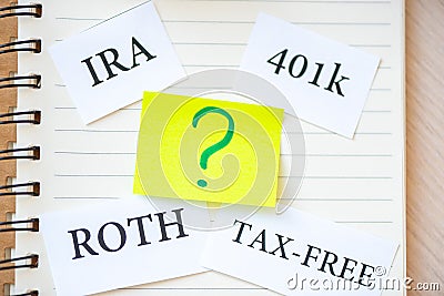 Words IRA 401k ROTH print on white pieces of paper, money dollars and glasses on table Stock Photo