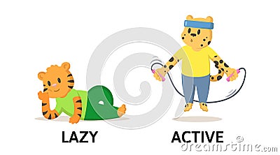 Words lazy and active flashcard with cartoon animal characters. Opposite adjectives explanation card. Flat vector Vector Illustration