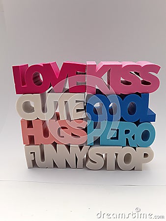 Words love kiss cute cool hugs hero funny stop stacked up on a white background Stock Photo
