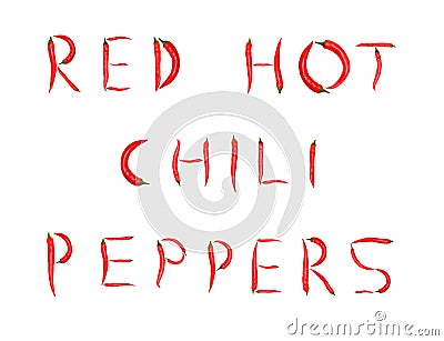 Words made from red chili peppers (isolated) Stock Photo