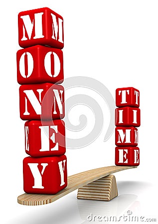 The words MONEY and TIME on the scales Stock Photo