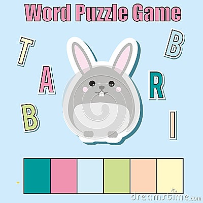 Words puzzle children educational game with colorful code. Place the letters in right order. Learning vocabulary. Match letters wi Vector Illustration