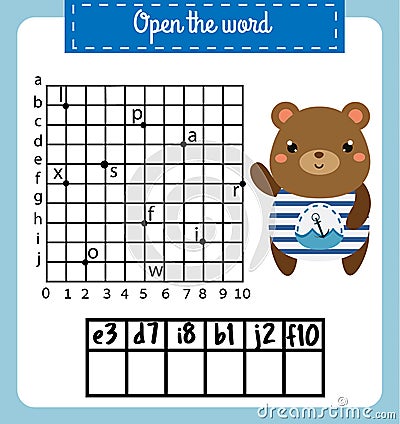 Words puzzle children educational game with coordinate grid. Place the letters in right order. Learning vocabulary Vector Illustration