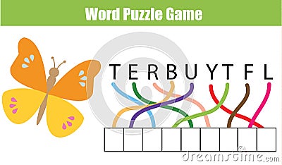 Words puzzle children educational game. Place the letters in right order. Learning vocabulary Vector Illustration