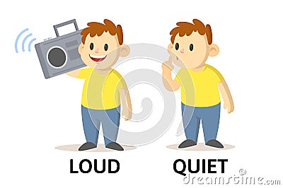 Words quiet and loud flashcard with cartoon characters. Opposite adjectives explanation card. Flat vector illustration Vector Illustration