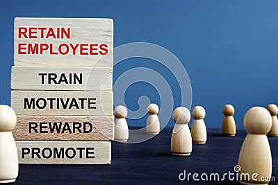 Words Retain Employees Train Motivate Reward Promote on a wooden blocks Stock Photo