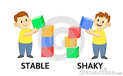 Words STABLE and SHAKY textcard with text cartoon characters. Opposite adjectives explanation card. Flat vector Vector Illustration