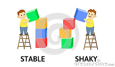 Words STABLE and SHAKY textcard with text cartoon characters. Opposite adjectives explanation card. Flat vector Vector Illustration