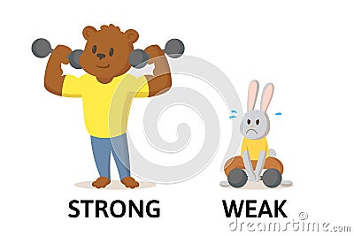 Words strong and weak flashcard with cartoon animal characters. Opposite adjectives explanation card. Flat vector Vector Illustration