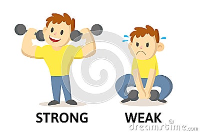 Words strong and weak flashcard with cartoon characters. Opposite adjectives explanation card. Flat vector illustration Vector Illustration