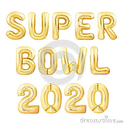 Words Super Bowl made of golden inflatable balloons isolated on white background. Helium balloons forming words Super Editorial Stock Photo