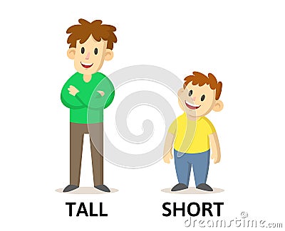 Words tall and short flashcard with cartoon characters. Opposite adjectives explanation card. Flat vector illustration Vector Illustration