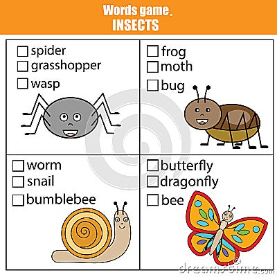 Words test educational game for children. Animals, insects theme Vector Illustration