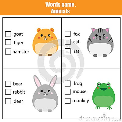 Words test educational game for children. Animals theme Vector Illustration