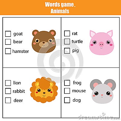 Words test educational game for children. Animals theme Vector Illustration