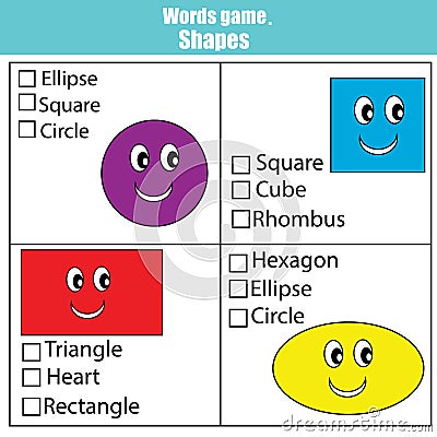 Words test educational game for children. Learning shapes Vector Illustration