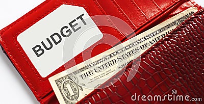 Words text BUDGET on the business card, and red leather wallet. Financial,business concept Stock Photo