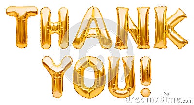 Words THANK YOU made of golden inflatable balloons isolated on white. Thank you greeting card, gold balloons lettering Stock Photo