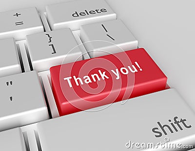 Words Thank you! is written on a computer keyboard. Conceptual image on a computer key Enter Stock Photo