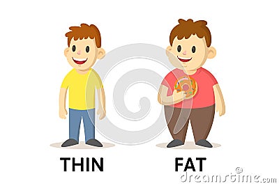 Words thin and fat flashcard with cartoon characters. Opposite adjectives explanation card. Flat vector illustration Vector Illustration